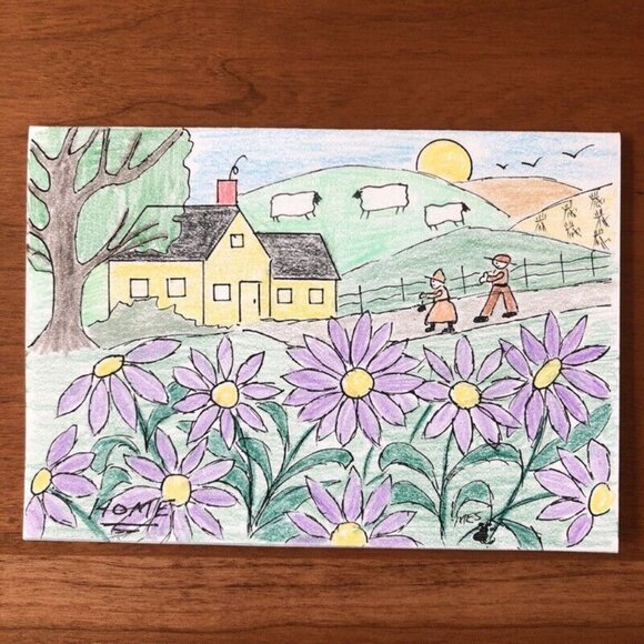 5 PA Folk Art Blank Note Cards Hand Made Country Evelopes Vtg Farm Wash Birthday - Picture 3 of 10